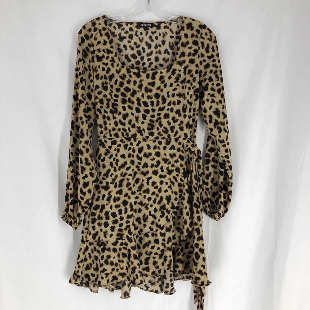 Express Dress Women’s S Leopard Print Mini Ruffled Wrap Long Sleeve Square Neck